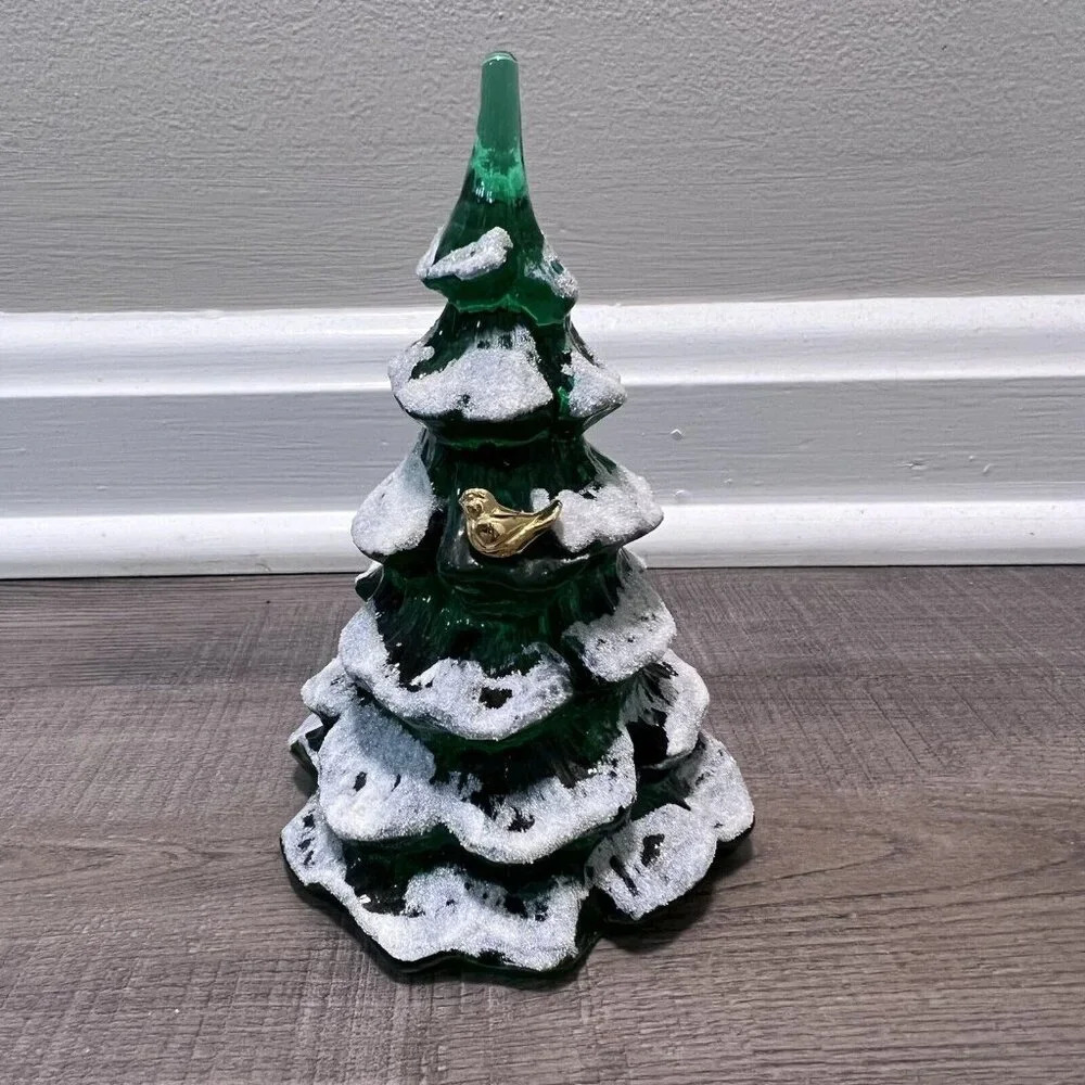 Fenton Art Glass Christmas Tree Figurine Green Frosted Gold Bird Set Of 3 VTG - Picture 6 of 14
